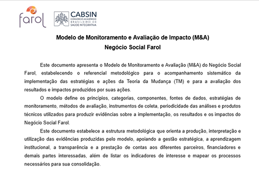 Material do modelo de monitoramento e avaliação do projeto Farol